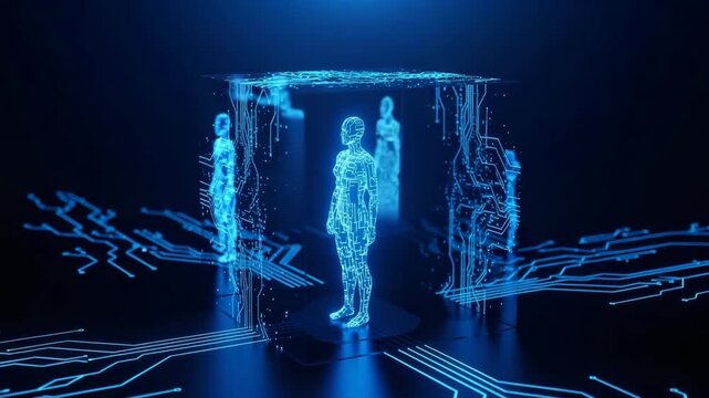 Futuristic Humanoid Figures Inside Glowing Circuits Standing Within Digital Box On Dark Blue Tech Backdrop Technological Advancement For Science Ai Concepts