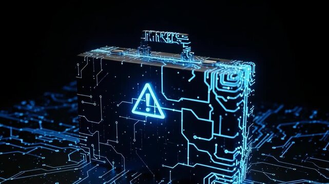 Digital Briefcase With Glowing Circuit Design Warning Symbol Showcasing Data Protection Alert On Futuristic Dark Background For Cybersecurity