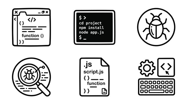 Vector graphic illustration of coding and web development concepts and tools