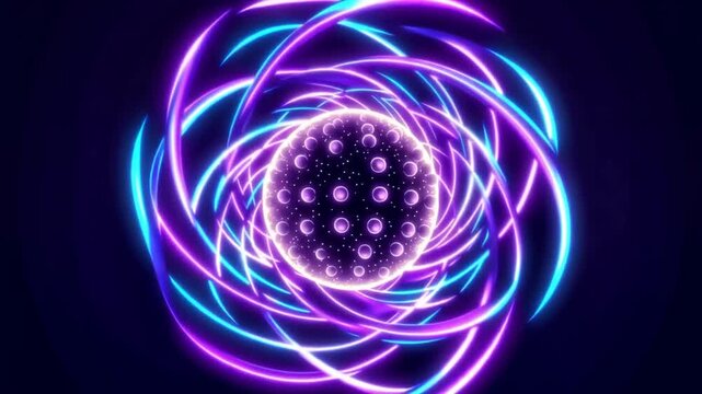 A futuristic purple and blue neon atomic nucleus with glowing electrons orbiting around it on a dark background for science and technology use