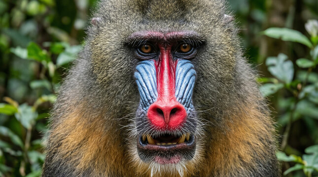 Mandrill monkey primate displaying colorful face in jungle