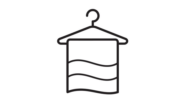 Towel hanging on a clothes hanger with wavy lines representing water, an icon for laundry or bathing services.