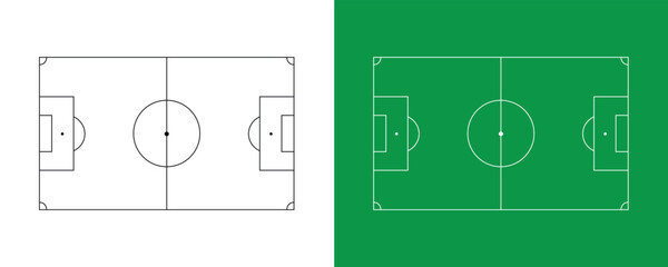 Comparison of soccer field layouts in black and white line art and green turf versions, football pitch technical drawing for sports coaching apps. © anamull2004