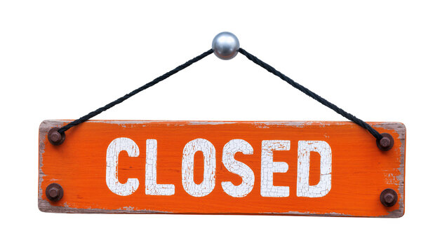 Orange wooden CLOSED sign with white lettering hanging by rope, isolated on transparent background