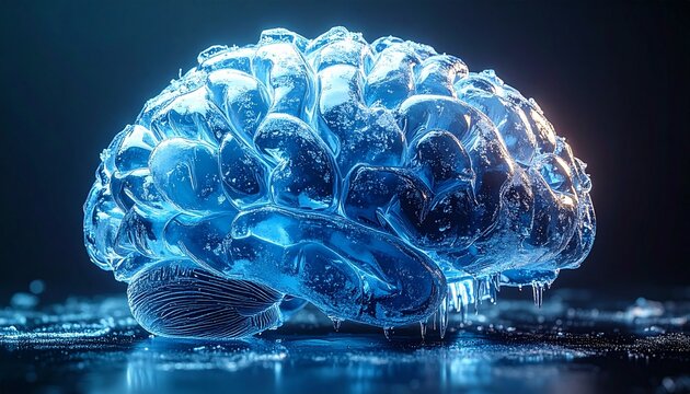 Frozen human brain made of clear ice crystals with frost texture and cool blue lighting
