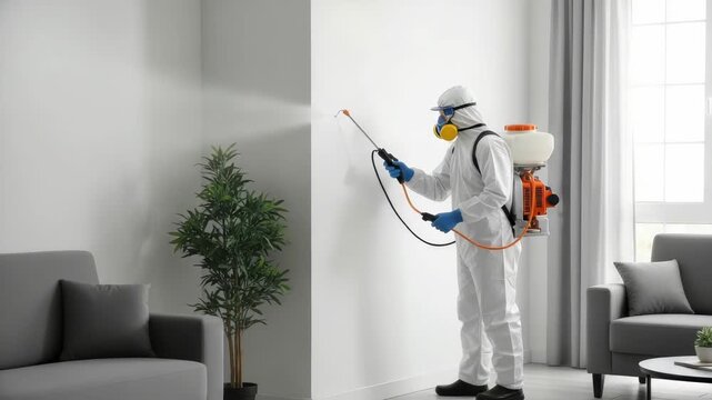 Professional In Protective Suit Sprays Interior Wall In Modern Living Room With Furniture Window In Background Using For Disinfection Pest Control Safety Measures