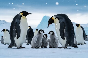 Obraz premium Group of emperor penguins with chicks standing on snow in Antarctic landscape during snowfall