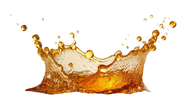 Amber liquid splash crown with droplets, isolated on transparent background
