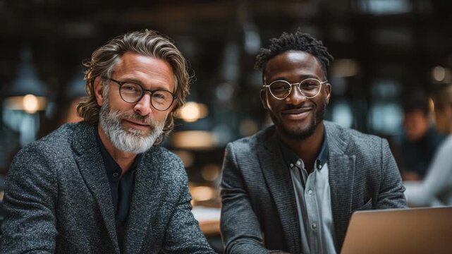 Business Partners in Thought: Two focused individuals, engaged in a moment of camaraderie and shared vision, represent the synergy of collaboration.