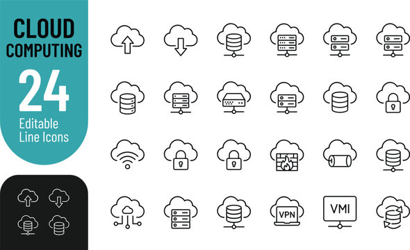 Cloud computing editable line icons set on transparent background