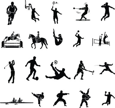 Summer games and ball sports silhouettes vector collection