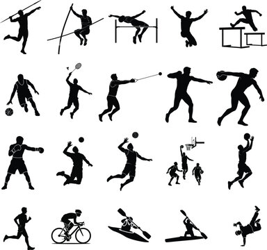 Set of black silhouettes of athletes in various sports