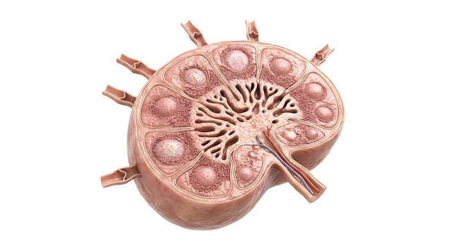 Detailed 3D Render of a Human Lymph Node Cross-Section Isolated on White
