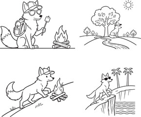 Fototapeta premium Whimsical Hand-Drawn Fox Character Illustration Set Featuring a Cute Fox Wearing a Baseball Cap and Sunglasses Exploring Nature, Hiking, and Resting Under Trees - Minimalist Black and White Line Art