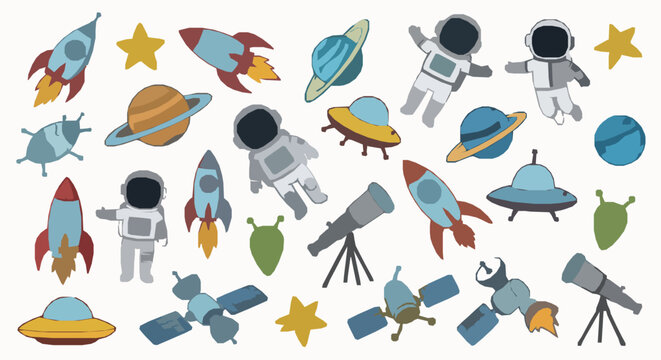 Cute space doodle clip art with cartoon rocket astronaut planets and alien elements hand drawn vector illustration