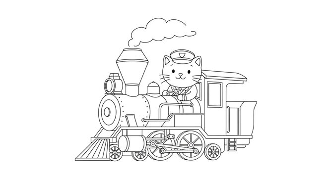 A cute cartoon cat wearing a conductor's hat driving a steam train, with smoke billowing from the chimney.