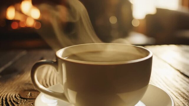 Steaming hot coffee cup on a rustic wooden table with a cozy fireplace in the background.
