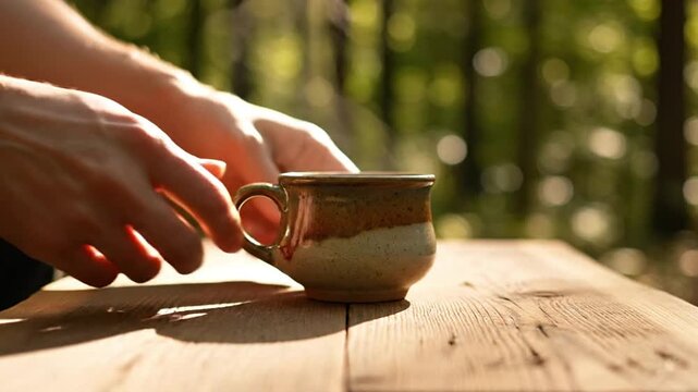 Close-up of hands placing a steaming ceramic mug on a rustic wooden table in a serene forest. Perfect for themes of outdoor relaxation, mindfulness, nature escapes, enjoying hot drinks, and wellness.