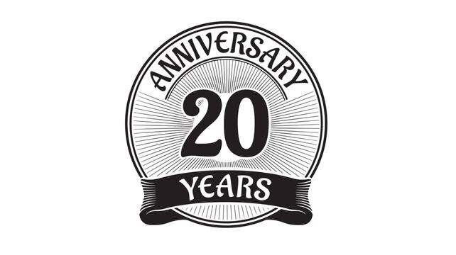 Anniversary badge with '20 YEARS' text and radiating lines in a vintage style, celebrating two decades of achievement and milestone.