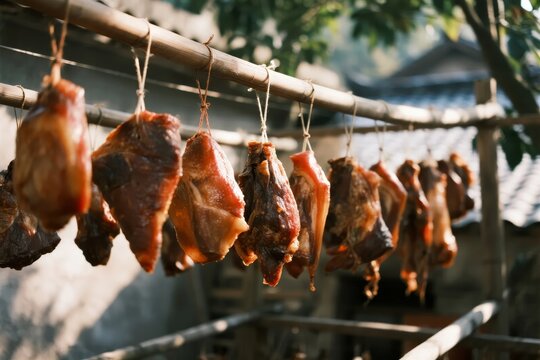 Pieces of cured meat hanging on a bamboo rack outdoors in a traditional setting