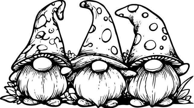Three whimsical gnome characters with patterned hats and full beards in a line