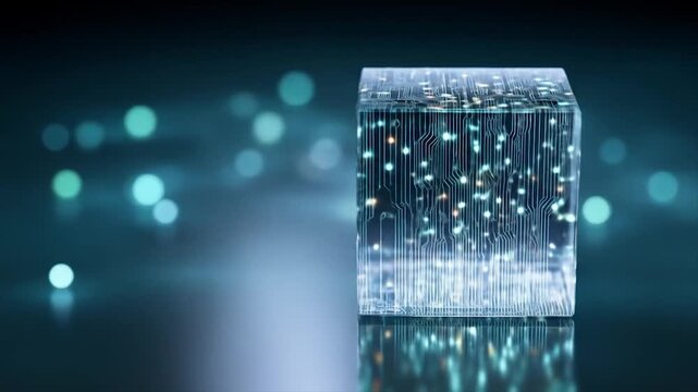 Transparent cube with glowing particles futuristic tech concept