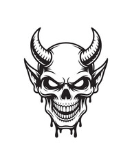 Fototapeta premium A detailed black and white illustration featuring a menacing horned devil skull with sharp fangs