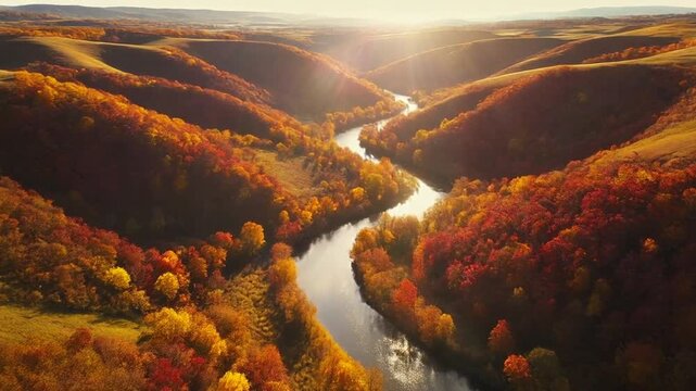 Aerial autumn landscape with winding river flowing through hills and valleys at sunrise