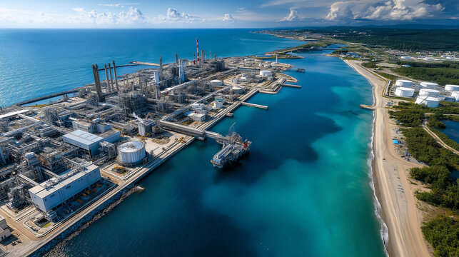Aerial view of coastal oil refinery and storage tanks with industrial port and ocean