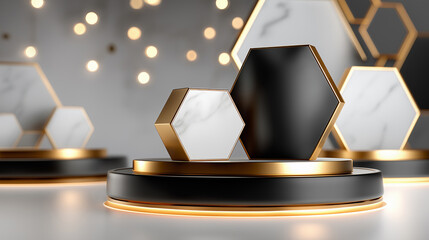 Luxury black and gold podium stage with geometric shapes elegant 3D display background