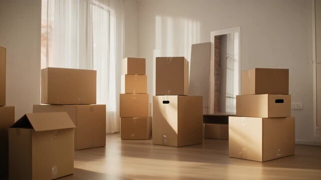 Numerous cardboard boxes standing on the wooden floor of a sunlit, empty room, representing the concept of moving into a new home, relocation, and starting a fresh life chapter