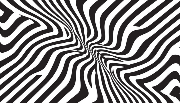 Stripes black and white op art distortion with wavy curves creating a psychedelic effect, abstract background.