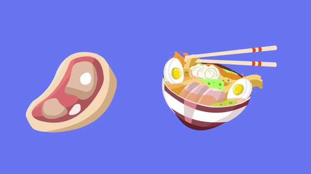 Animated video of a bowl of Japanese ramen and a steak moving on a blue background, food, 2D art.
