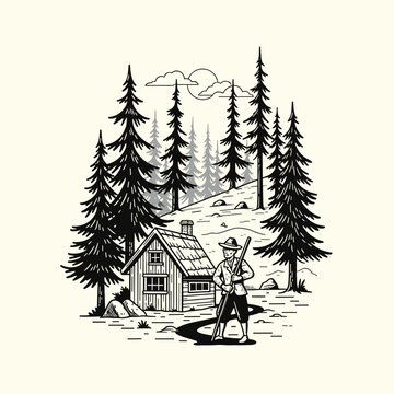 Man with rifle standing outside rustic cabin in forest.
