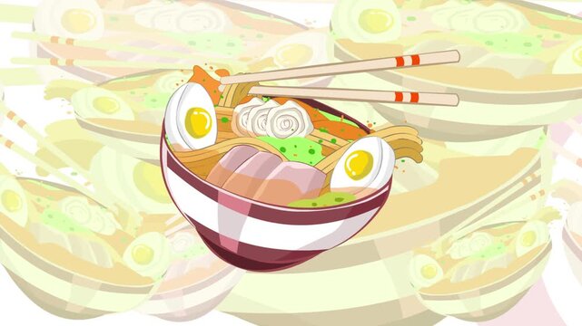 Animated video of a bowl of Japanese ramen with noodles and egg moving on a colorful background, food, art, 2D.