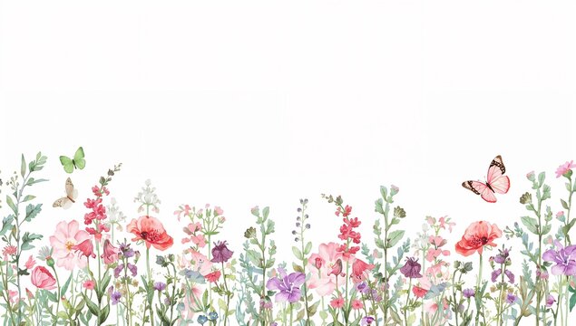 Watercolor seamless border with delicate wildflowers and colorful butterflies, creating a vibrant spring meadow design element for invitations and decor