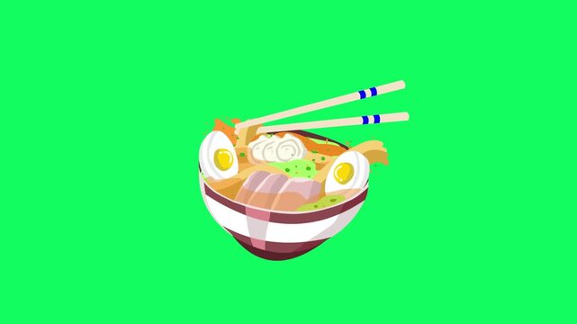 Animated video of a bowl of Japanese ramen with noodles and egg moving on a green background, food, art.