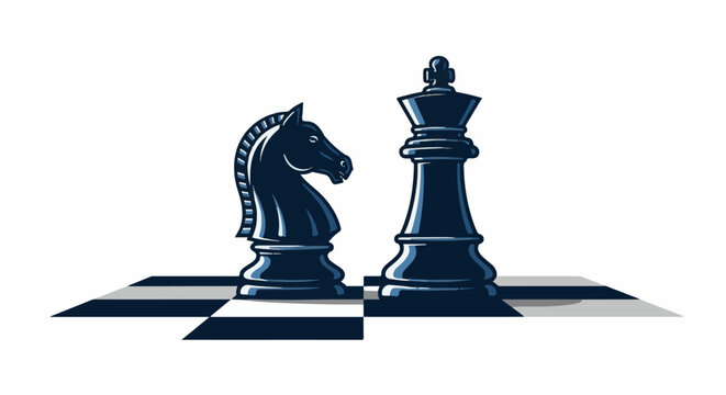 A dark knight and king chess pieces stand on a checkered board