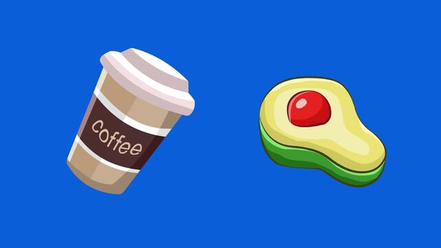 Animated video of a coffee cup and a cut avocado moving on a blue background, food, art, 2D.