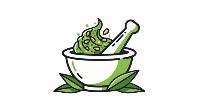 A stylized illustration of a mortar and pestle with green ingredients