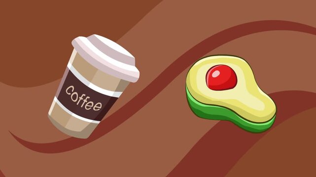 Animated video of a coffee cup and a cut avocado moving, food, art, 2D.