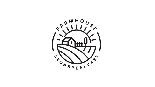 Farmhouse bed and breakfast logo with a stylized house, fields, and sun rays indicating a welcoming stay.