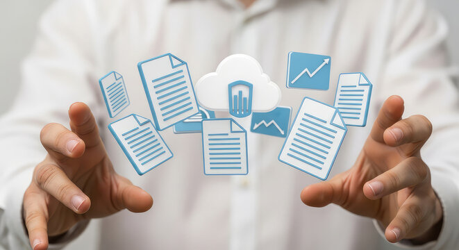 A person presenting digital documents and a cloud with a bar graph