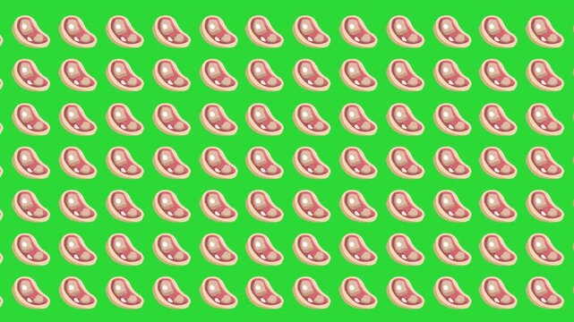 Animated video of a slide with several beef steaks passing by on a green background, food, art, 2D.
