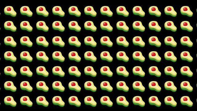 Animated video of a slide with several cut avocados passing by on a black background, food, art, 2D.