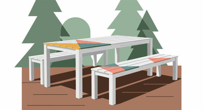 White picnic table and benches on wooden deck with abstract trees behind