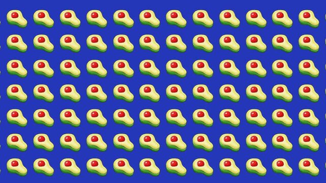 Animated video of a slide with several cut avocados passing by on a blue background, food, art, 2D.