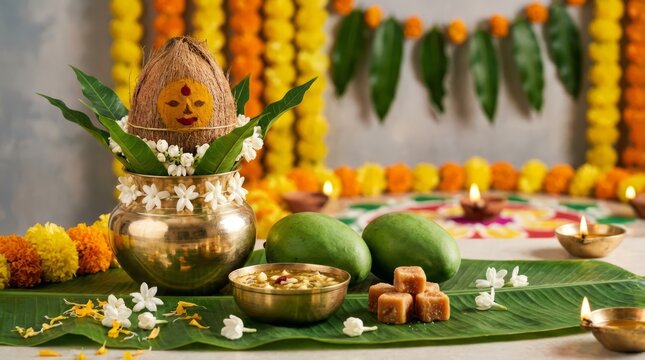 Traditional Hindu puja arrangement with decorated kalash, mangoes and floral offerings.