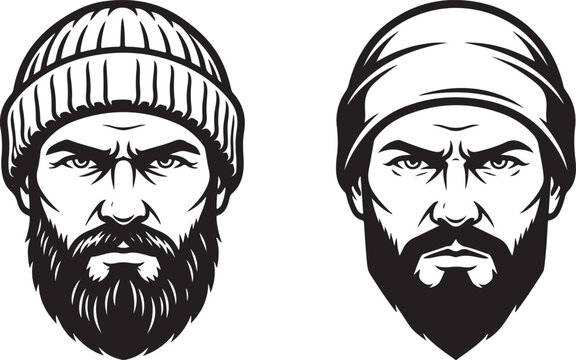 Bearded men with beanies - tough guys or lumberjack style vector icons with black and white