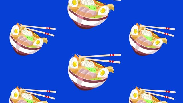 Animated video of several bowls of Japanese ramen with noodles and egg descending on a blue background, food, art, 2D.
